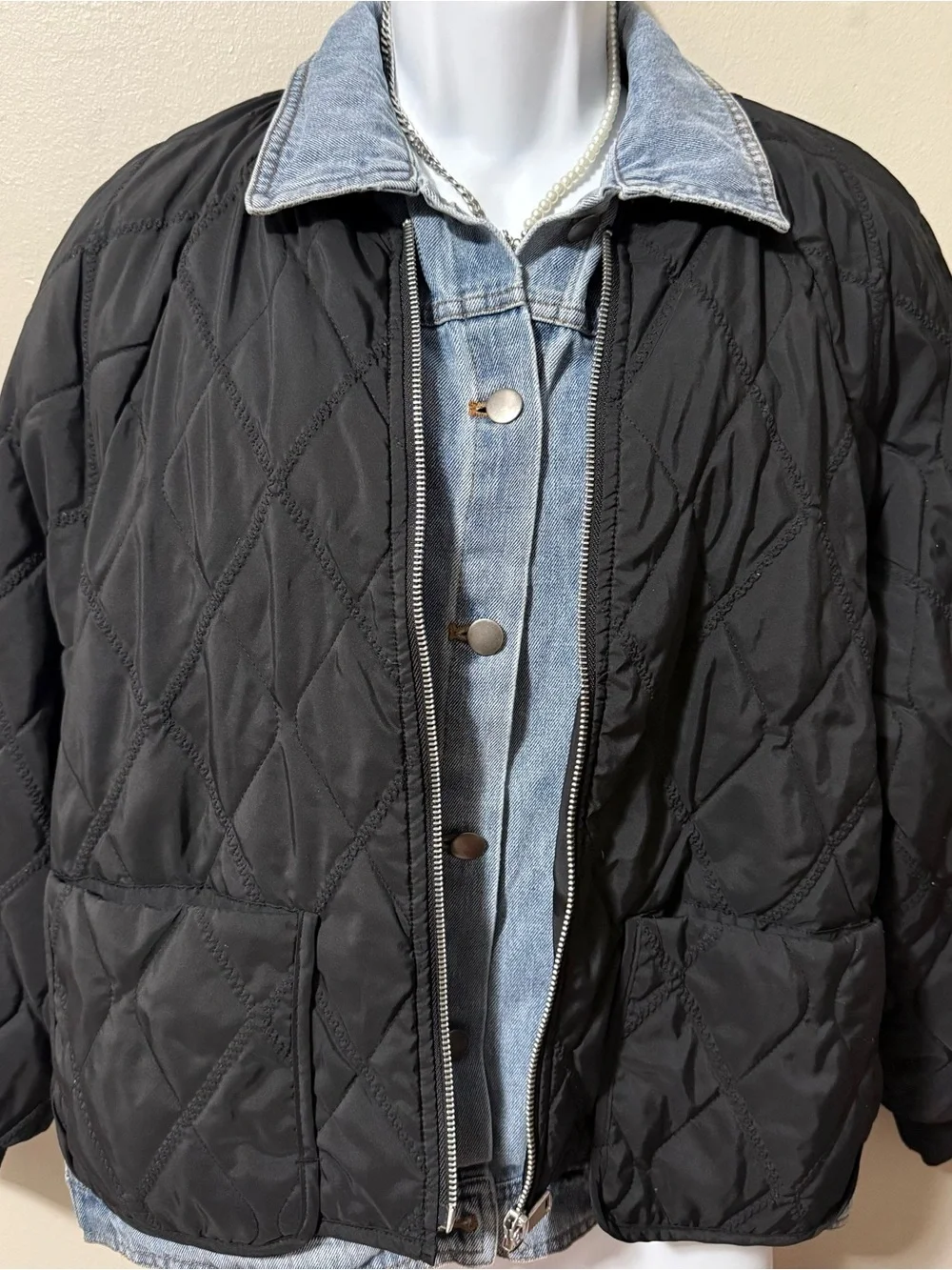 Tribal Black Quilted Puffer Jacket with Denim - Picture 2 of 5